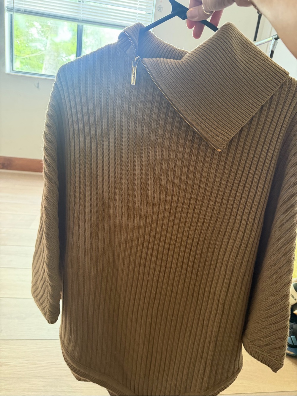 “Michael Kors” Women’s Ribbed Zip-Neck Poncho Sweater in Brown camel